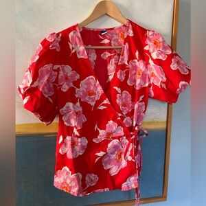 Old Navy Red Floral Wrap Top
